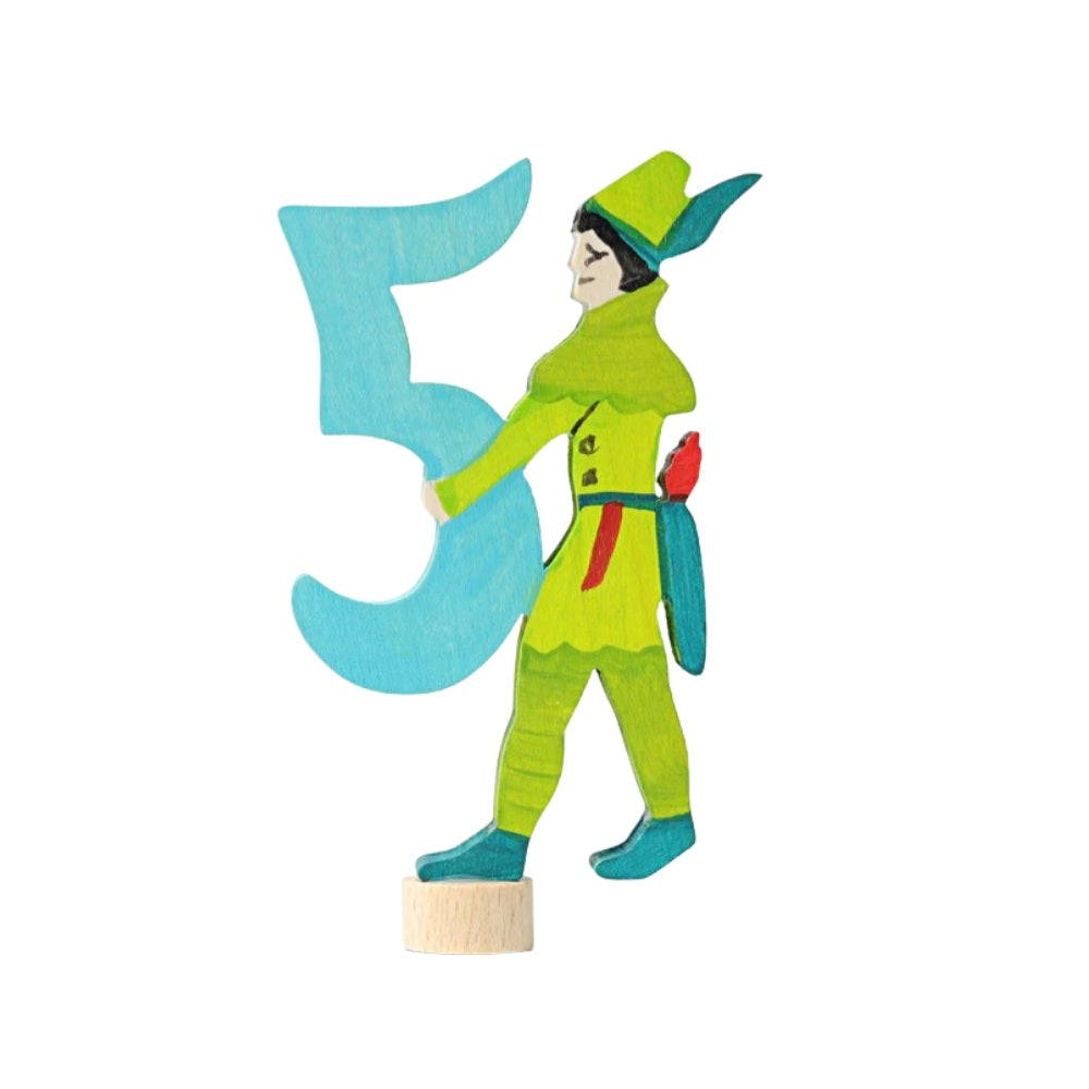 Grimms Træfigur Robin Hood med nummer 5, farverig træfigur til leg og kreative eventyr for børn.