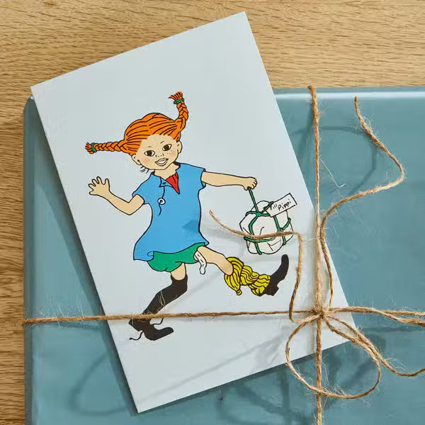 Pippi Langstrømpe Fødselsdagskort Lyseblå