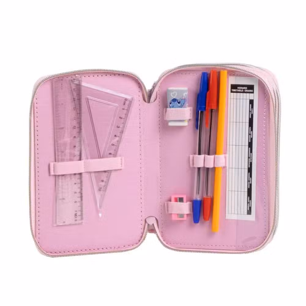 Stitch Trippel Penalhus Med Indhold Lyserød