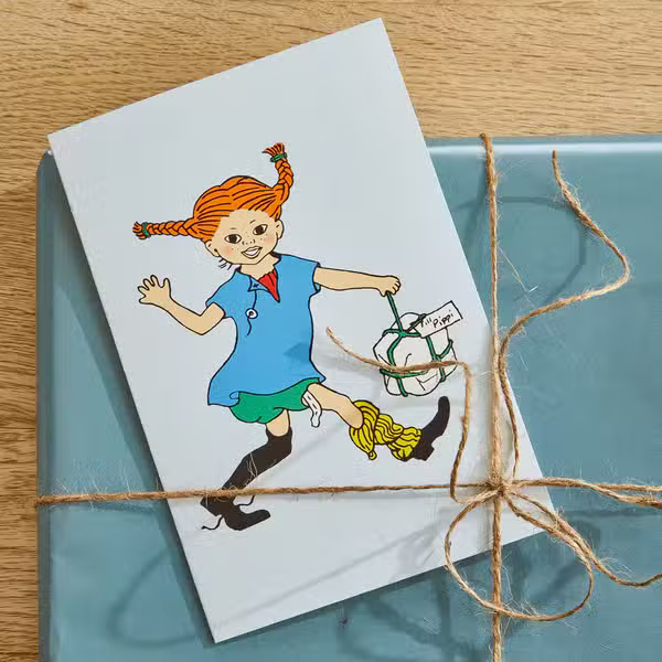 Pippi Langstrømpe Fødselsdagskort Lyseblå